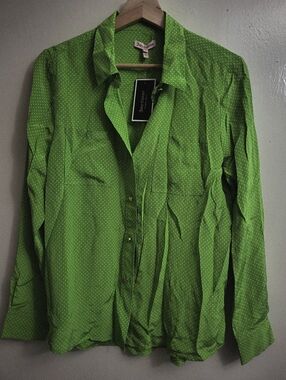 Juicy Couture Lime Green Sour Apple Polka Dot Silk Top Medium